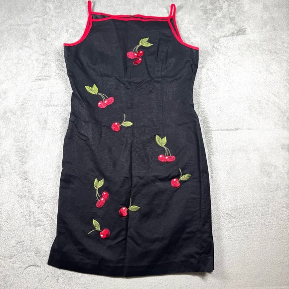 Jessica Howard Petite 12P Black Linen Cherry Embroidered Dress Retro Pinup - Picture 1 of 9
